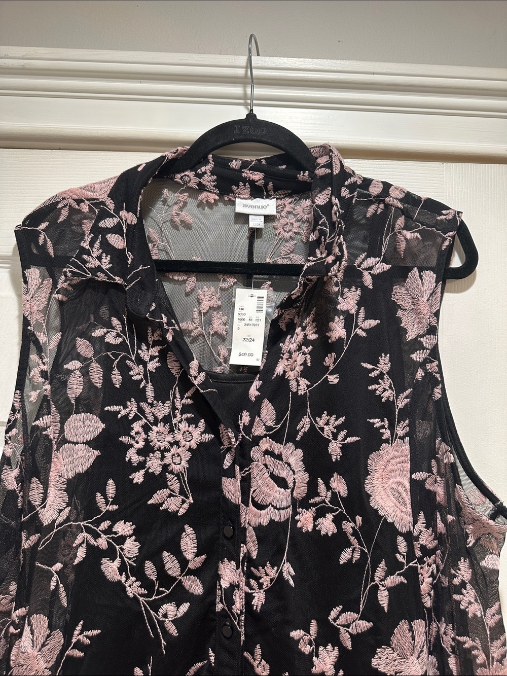Avenue Black Sleeveless Blouse with Pink Floral Embroidery - Picture 2 of 15